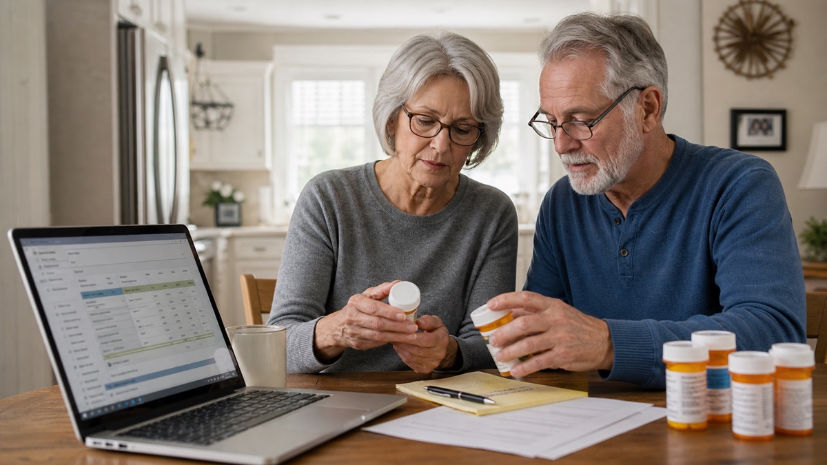 Older couple reviewing prescription bottles, medication notes, and Medicare drug plan options at a kitchen table