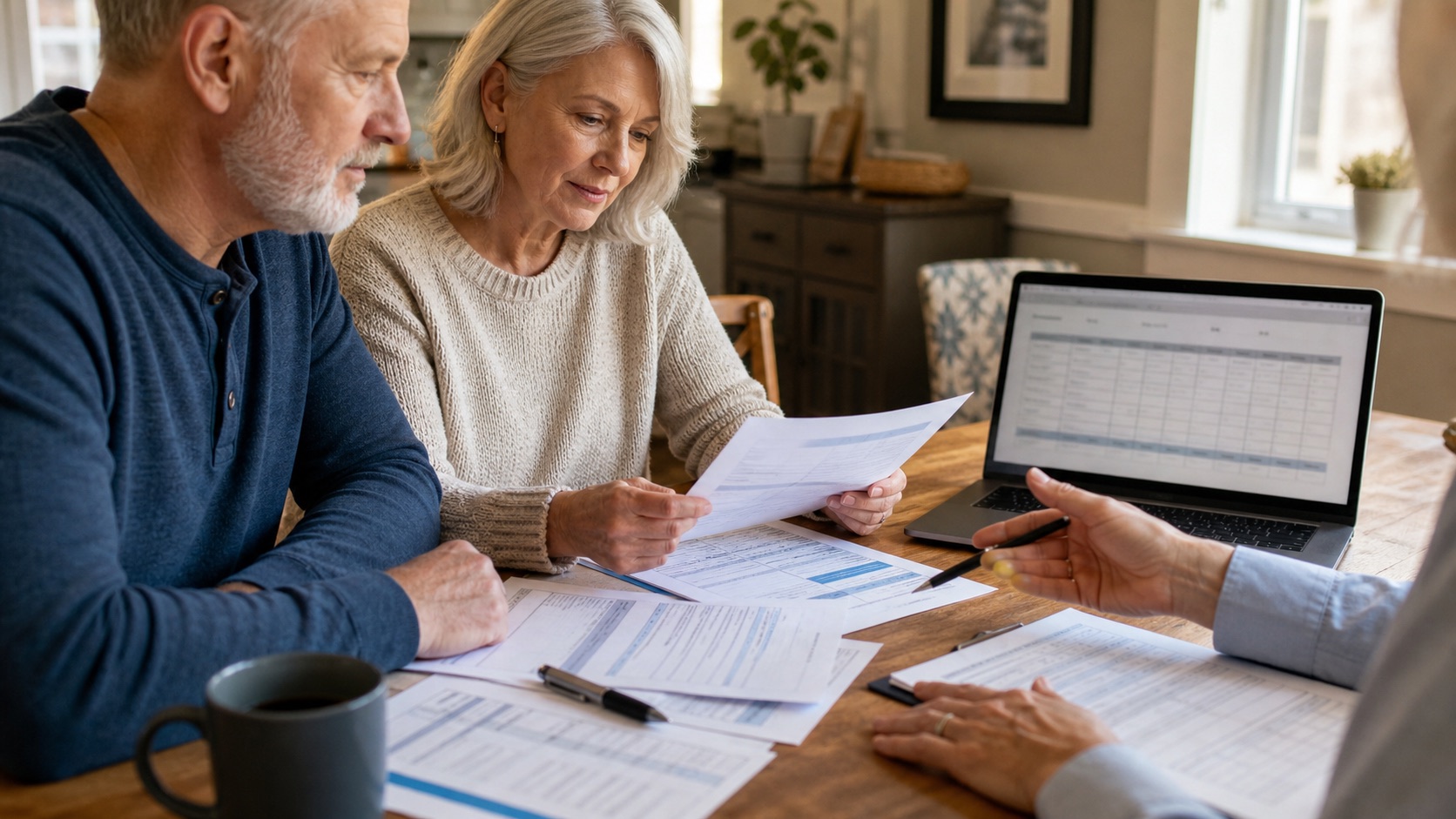 Older couple reviewing Medicare Supplement plan comparison paperwork at a kitchen table