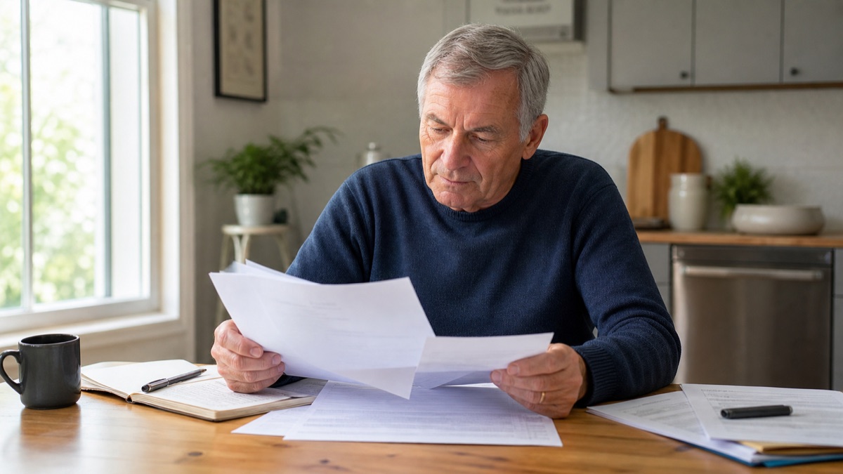 Older adult reviewing Medigap application paperwork and coverage notes at a kitchen table