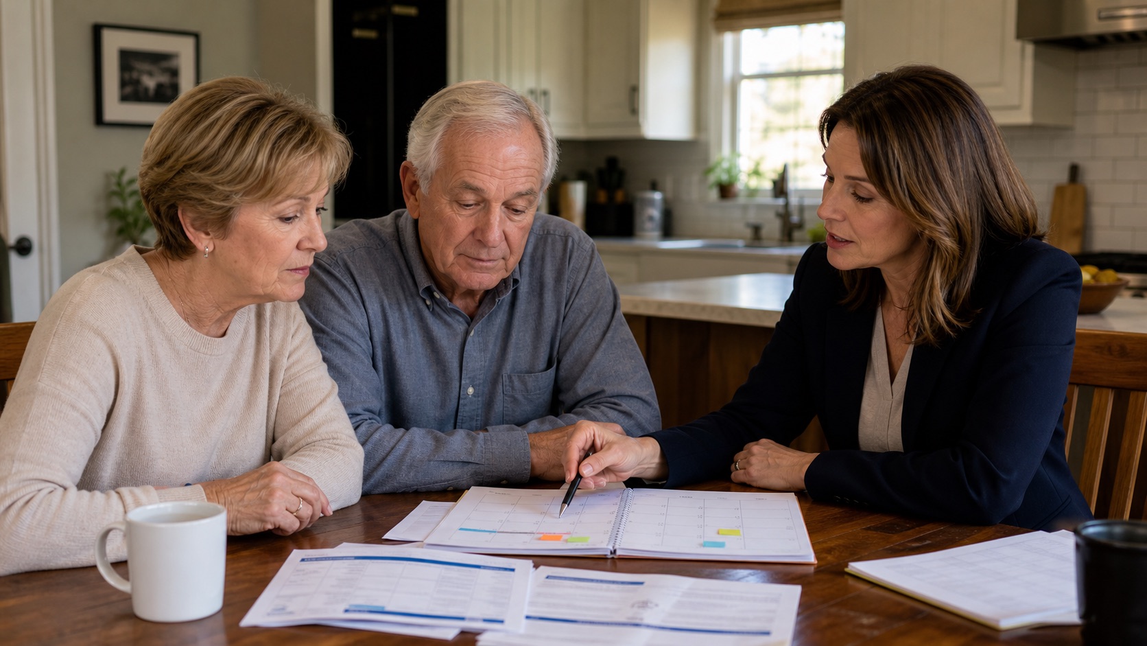 Medicare-age couple reviewing plan change dates with an advisor at a kitchen table