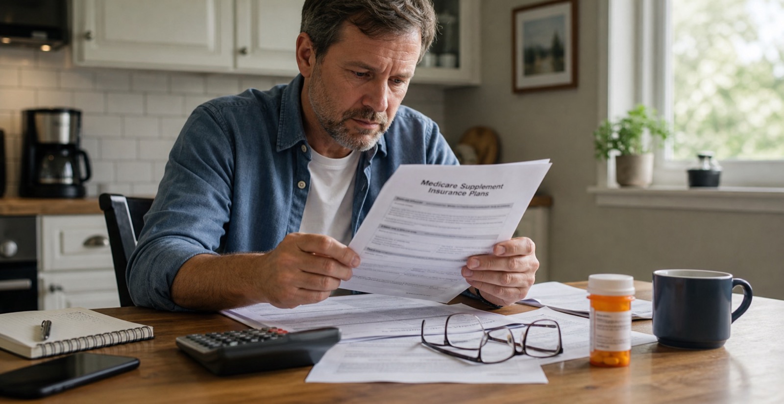 Adult under age 65 reviewing Medicare supplement paperwork at a kitchen table
