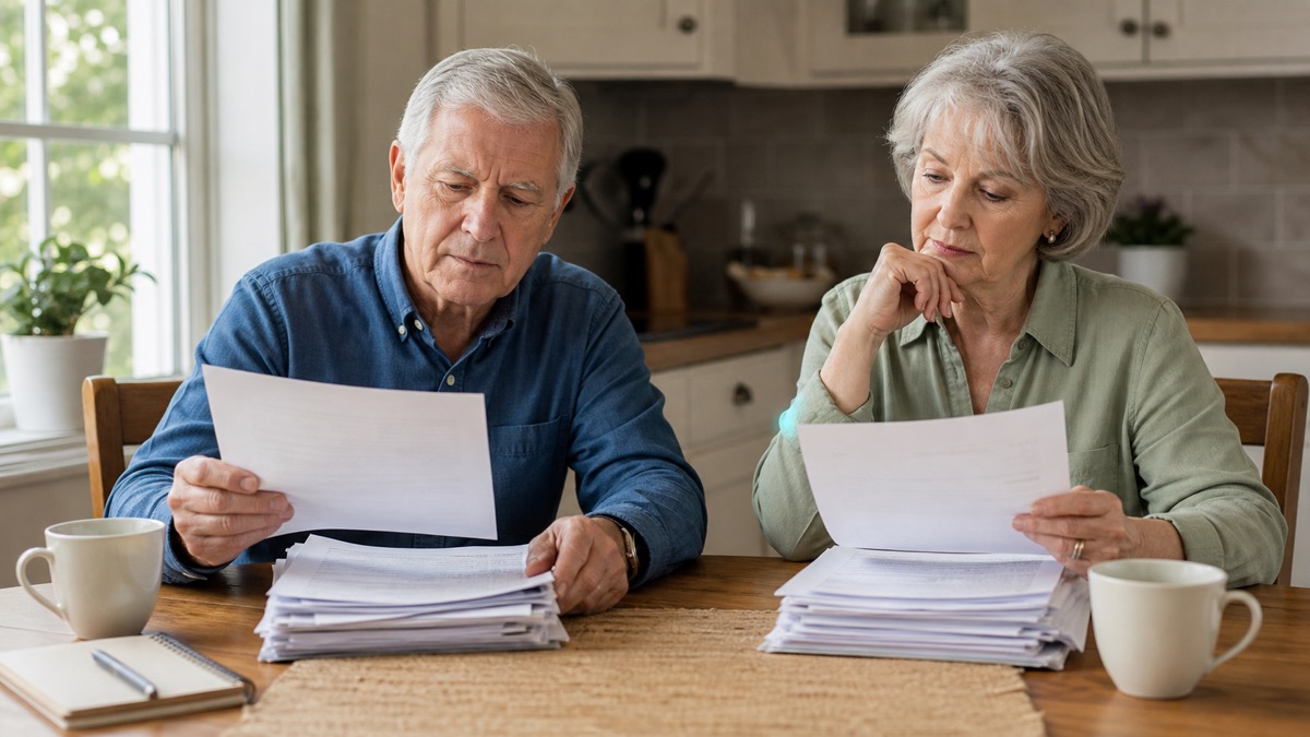 Older couple reviewing Medicare coverage paperwork at a kitchen table