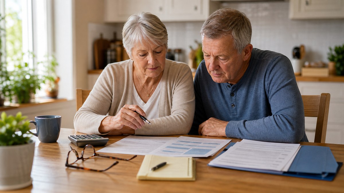 Older couple reviewing cancer coverage paperwork at a kitchen table