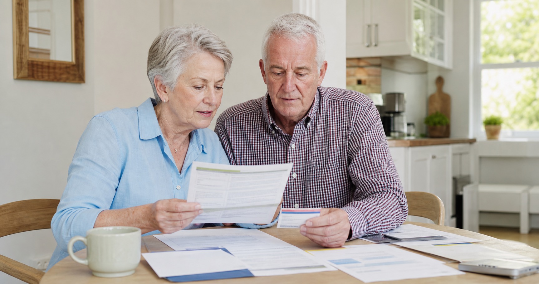 Retirement-age couple reviewing Medicare paperwork and health plan documents at a kitchen table