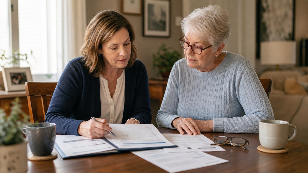 Adult child and older parent reviewing long-term care paperwork together