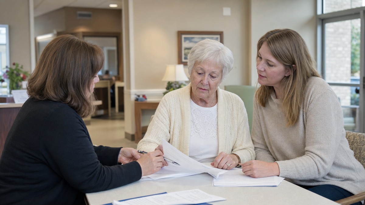 Older adult and daughter reviewing nursing facility paperwork with a care coordinator