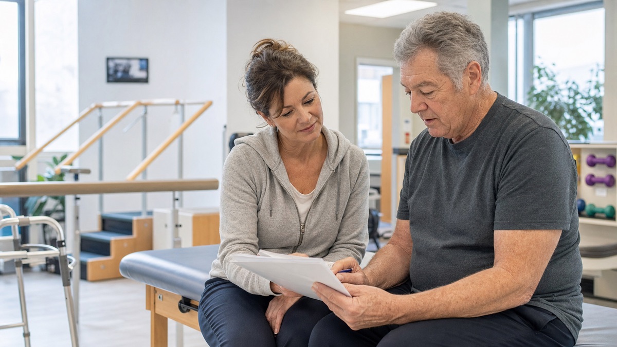 Medicare-age adult reviewing rehab discharge paperwork with a family member in a therapy clinic