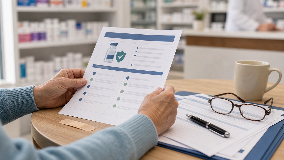 Older adult reviewing vaccine coverage paperwork at a pharmacy consultation table