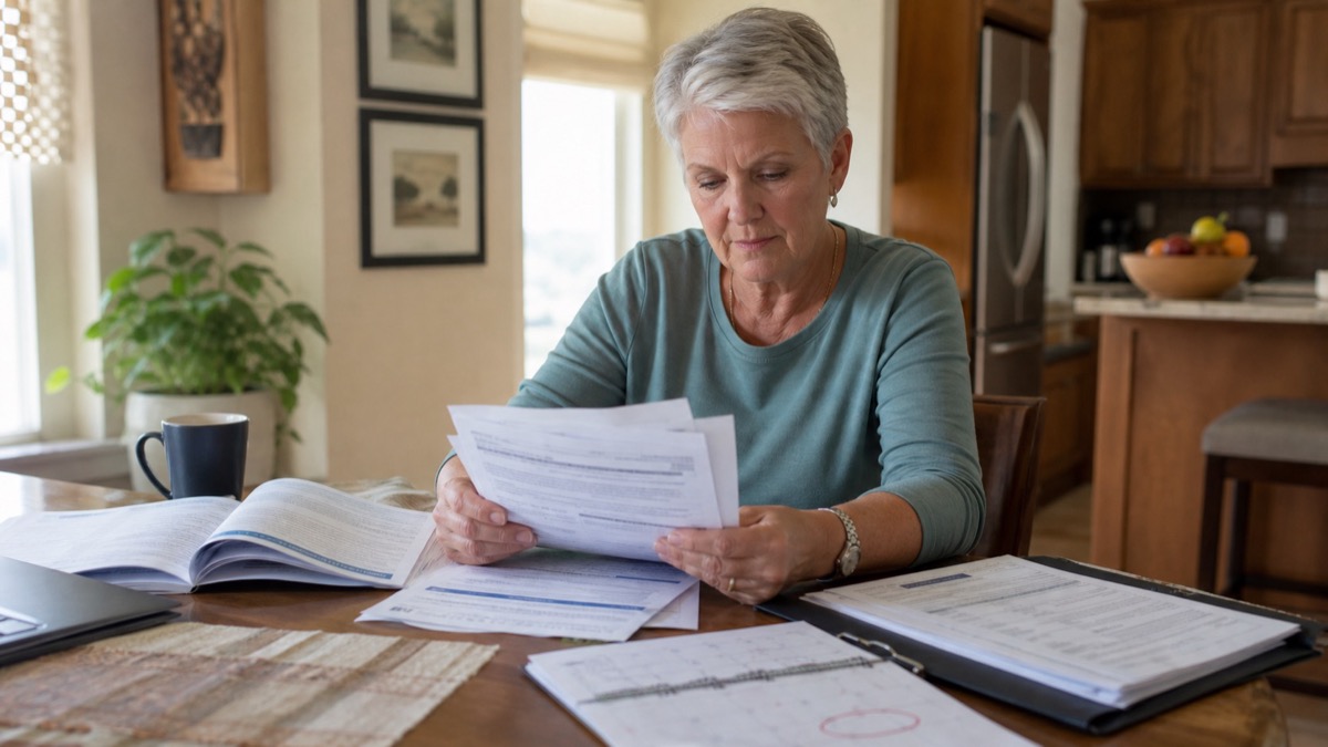 Recent retiree reviewing Medicare enrollment forms and employer coverage end dates at a kitchen table