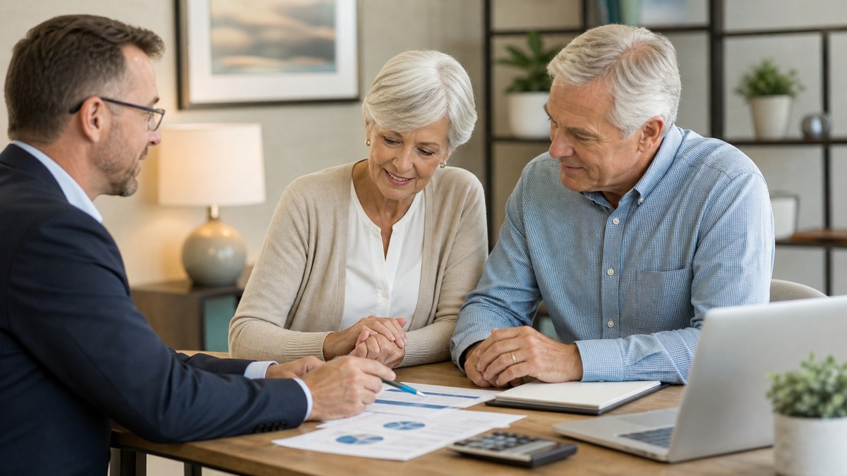 Medicare advisor meeting with an older couple over plan paperwork