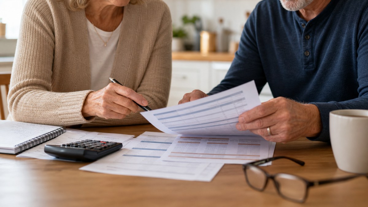 Older couple comparing Medicare Supplement cost paperwork with a calculator