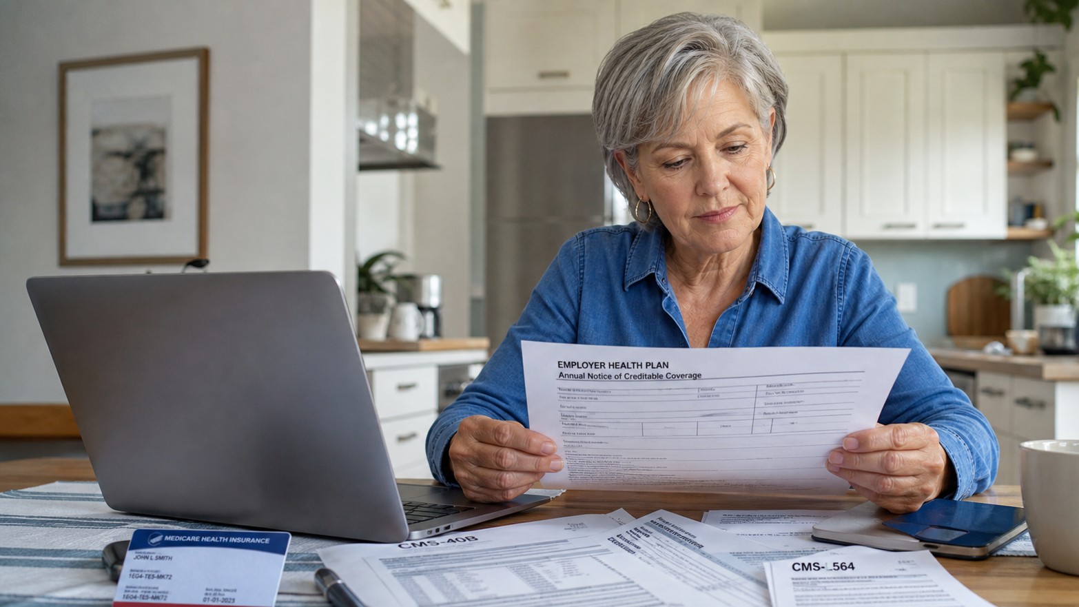 Recently retired woman reviewing Medicare Part B enrollment forms and employer health plan paperwork at a kitchen table
