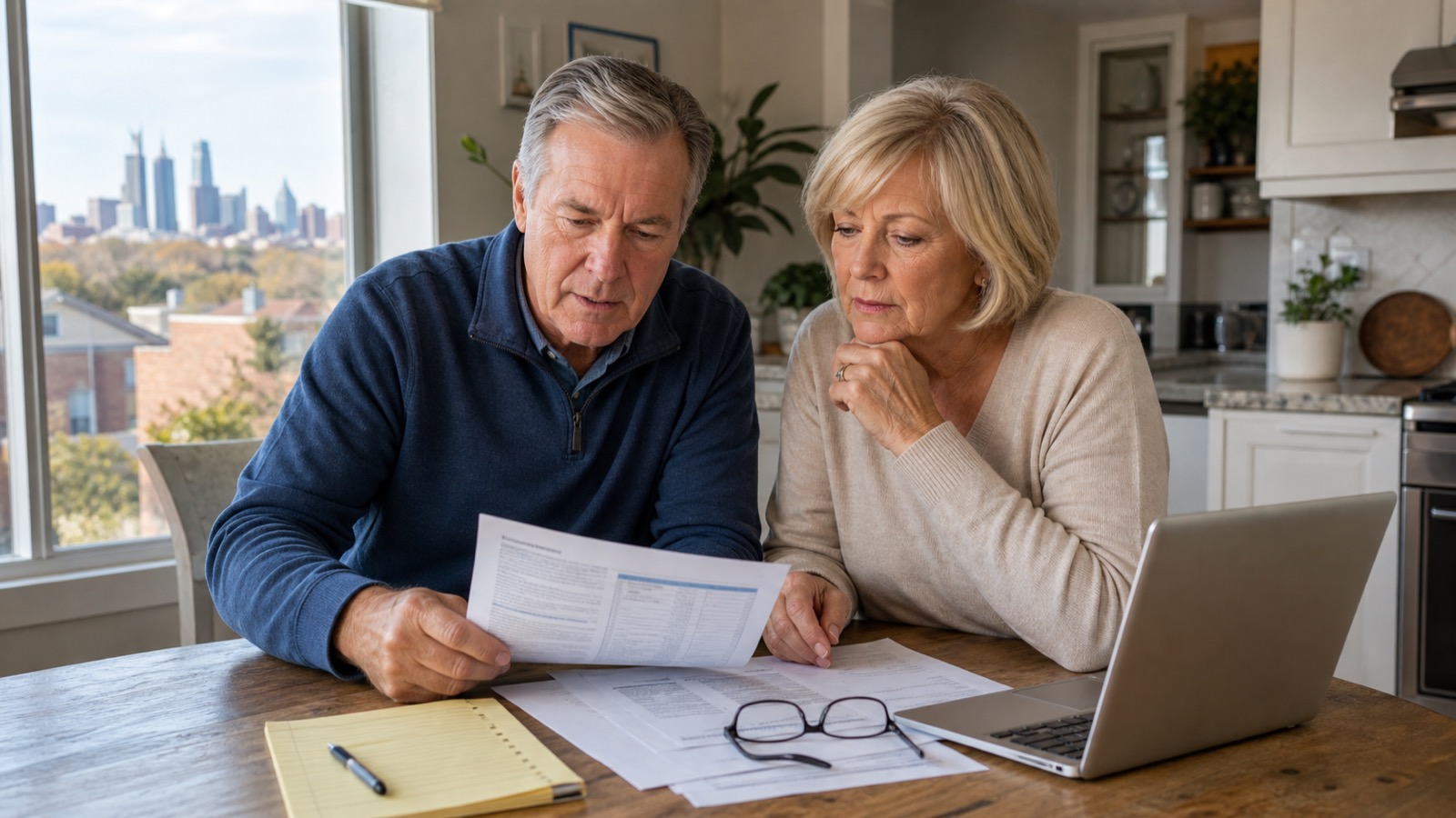 Older couple reviewing Medicare Supplement plan paperwork at a kitchen table