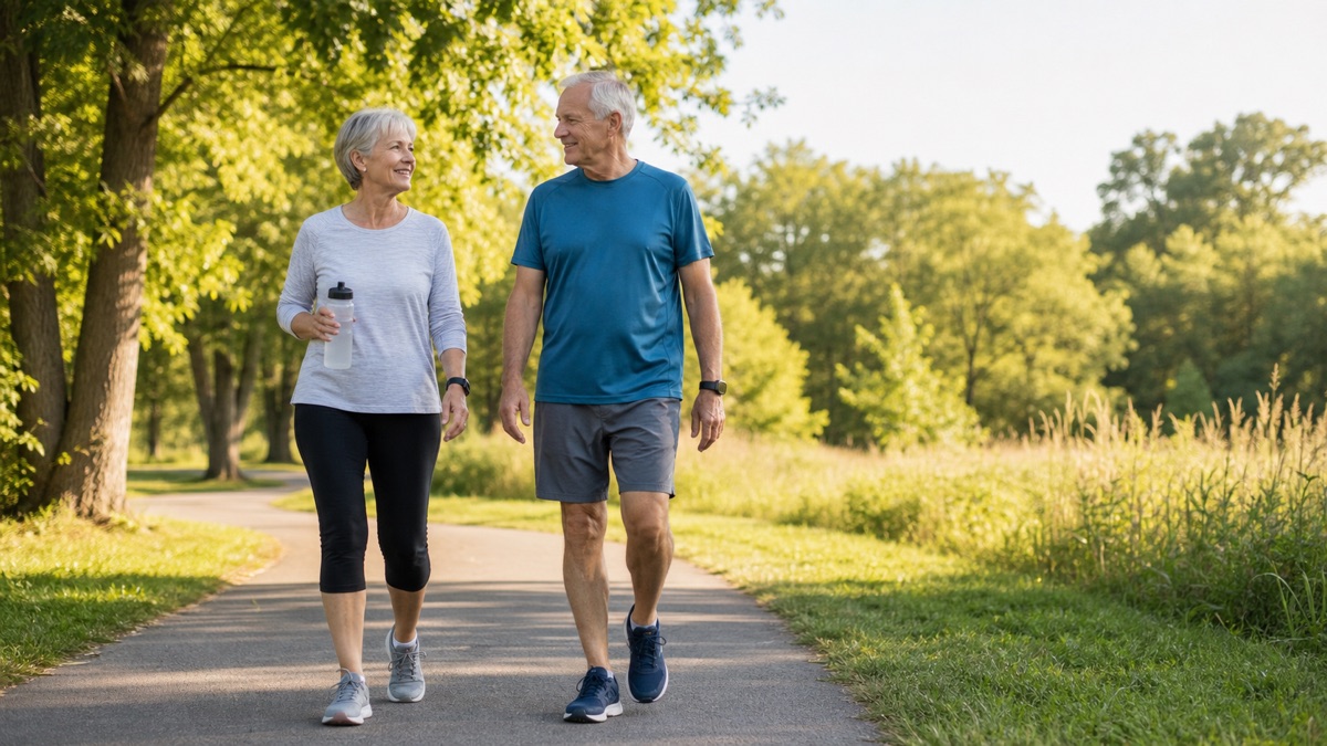 Retired couple walking together on a sunny park trail