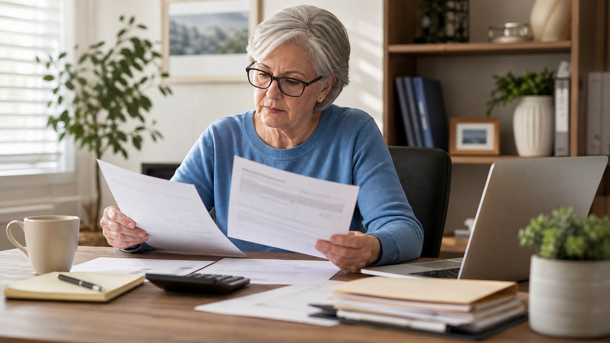Older adult preparing IRMAA appeal paperwork at a home office desk