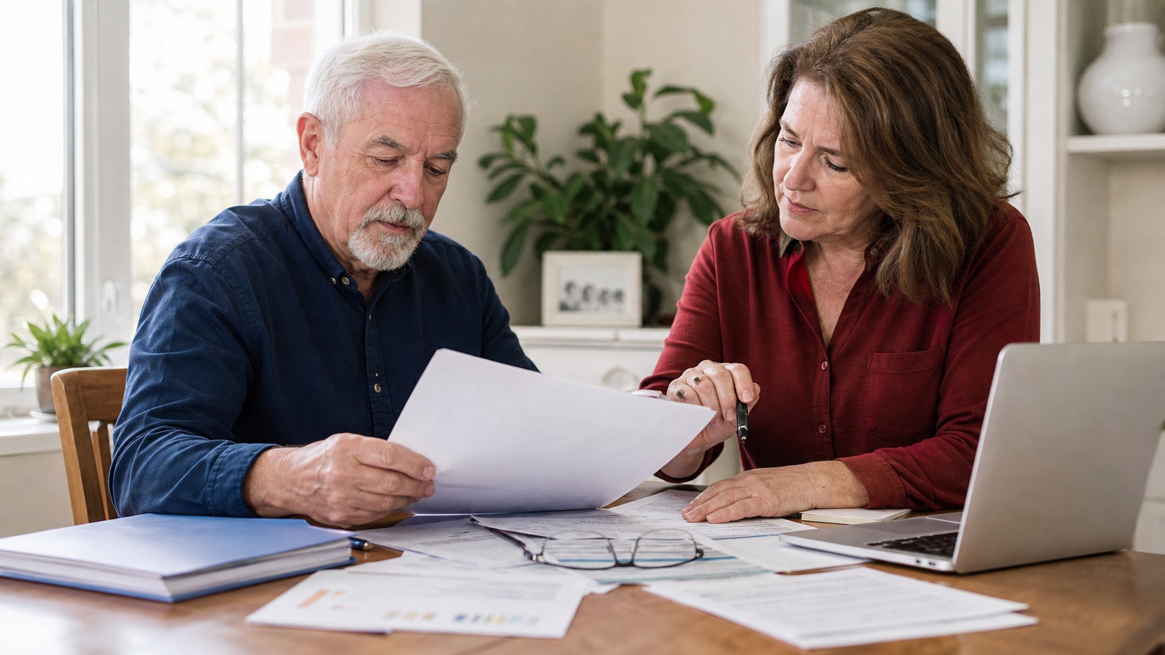 Veteran and spouse reviewing Medicare Advantage and VA benefits paperwork at a home office table