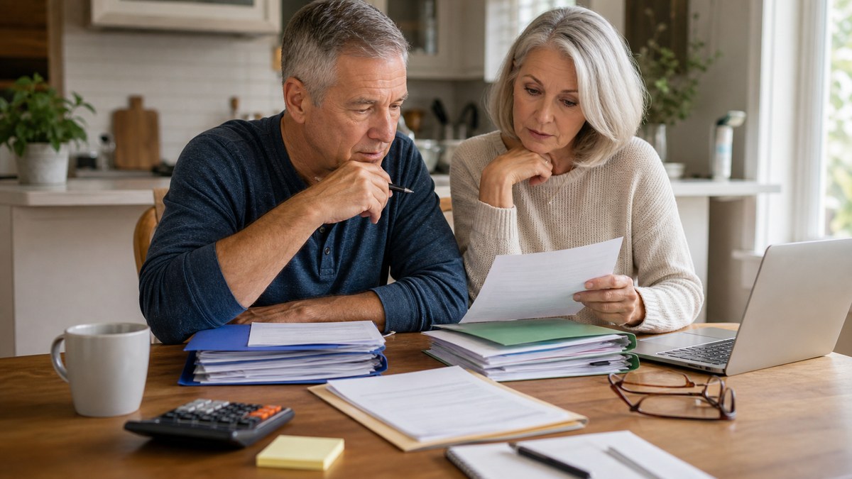 Older couple comparing two different Medicare coverage options at a kitchen table