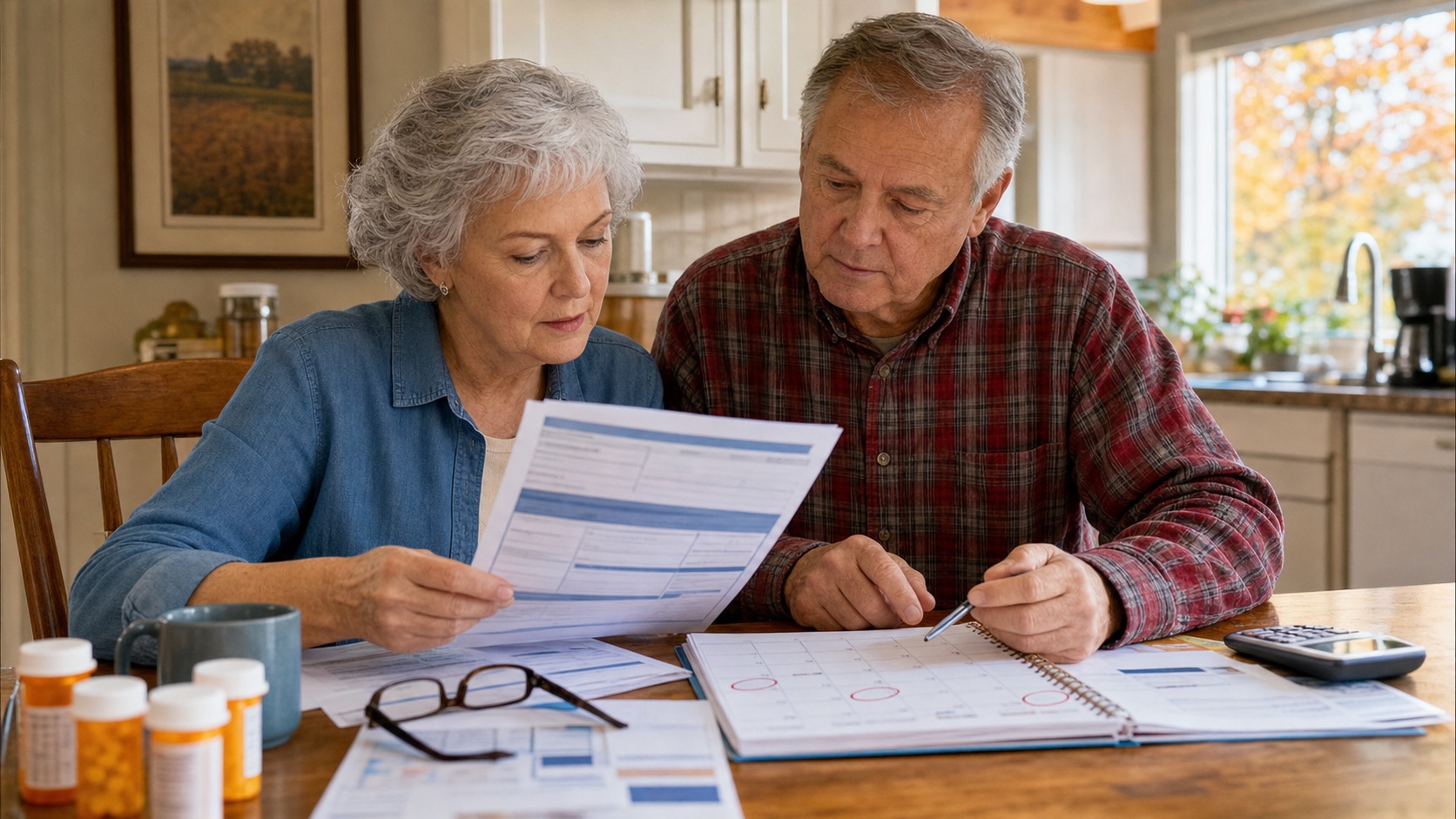 Medicare-age couple reviewing plan change paperwork, prescriptions, and fall enrollment dates at a kitchen table