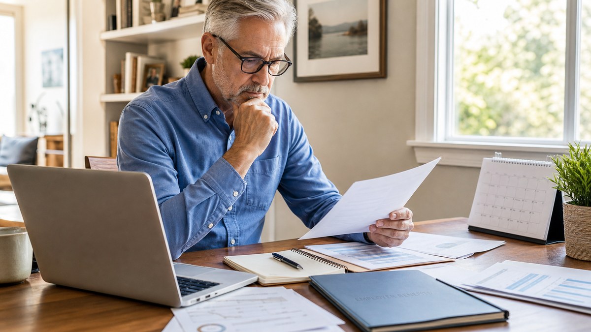 Older worker reviewing employer benefits and Medicare paperwork at a home office desk