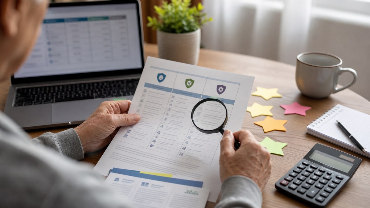 Older adult using a magnifying glass to review health plan documents