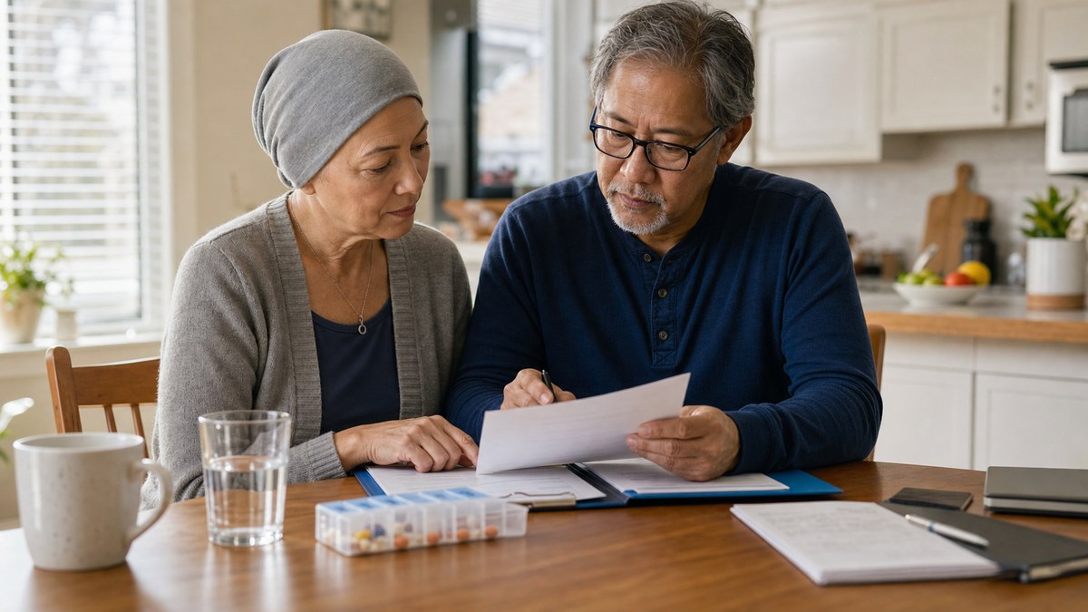 Older adult and caregiver reviewing cancer treatment coverage paperwork