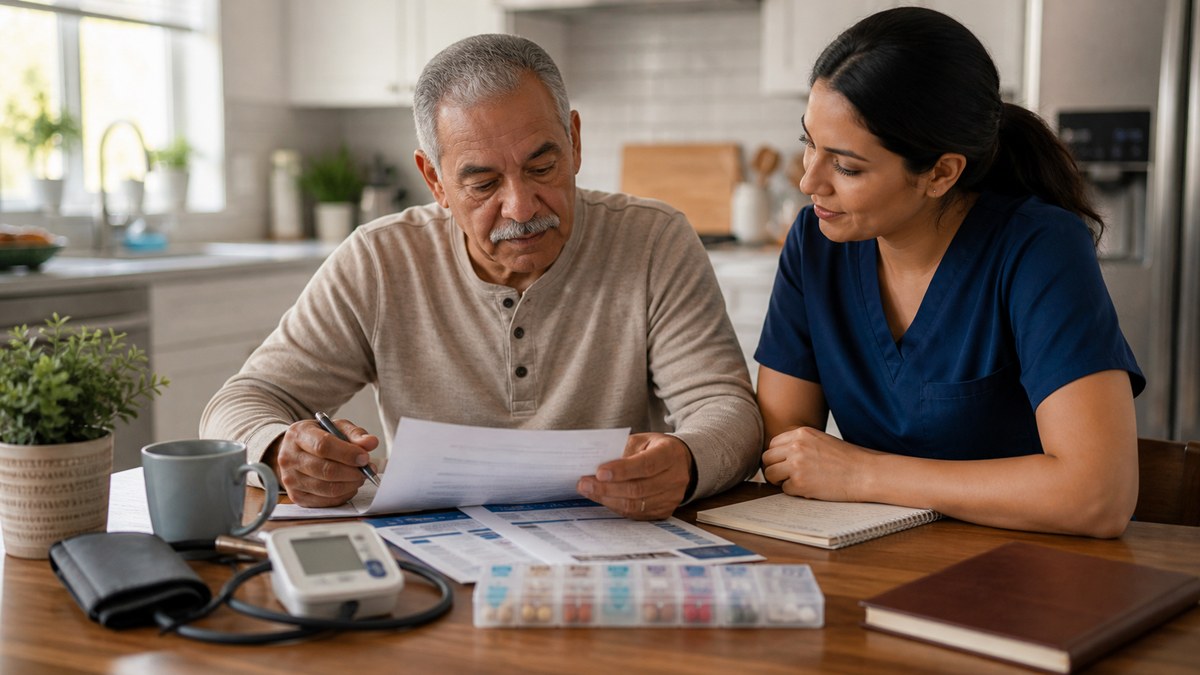 Older adult and caregiver reviewing chronic illness benefits with a blood pressure monitor