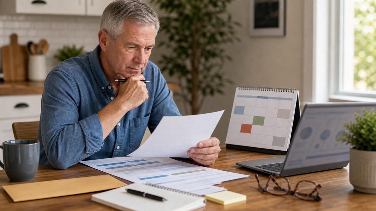 Recent retiree reviewing employer coverage timing paperwork at a kitchen table
