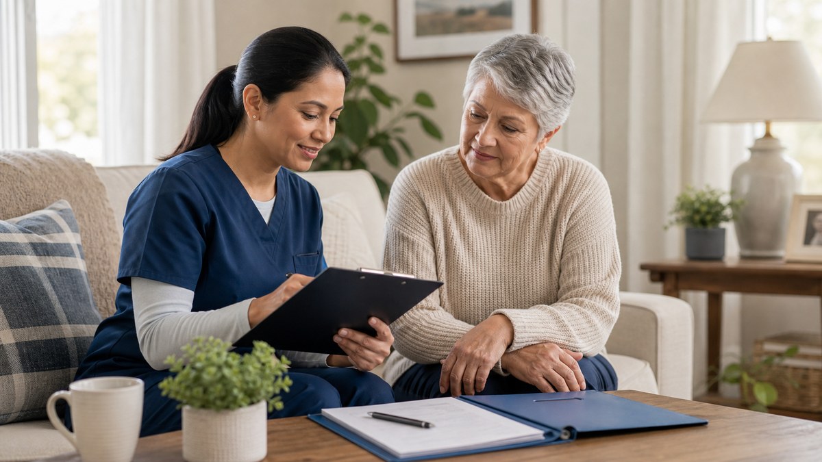 Home health nurse reviewing care paperwork with an older adult in a living room