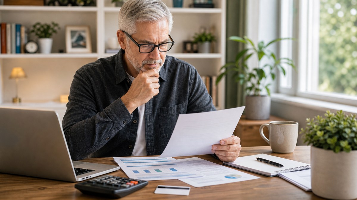 Older worker reviewing HSA and Medicare timing paperwork with a calculator