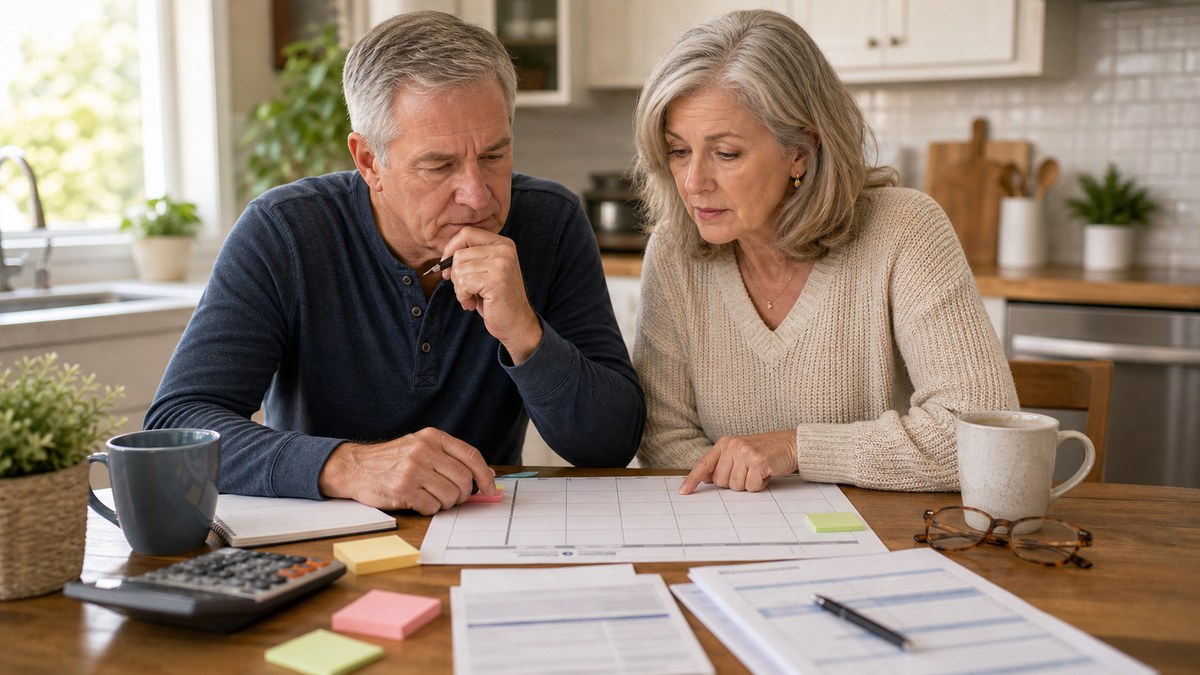 Couple organizing Medicare enrollment paperwork and a calendar at a kitchen table