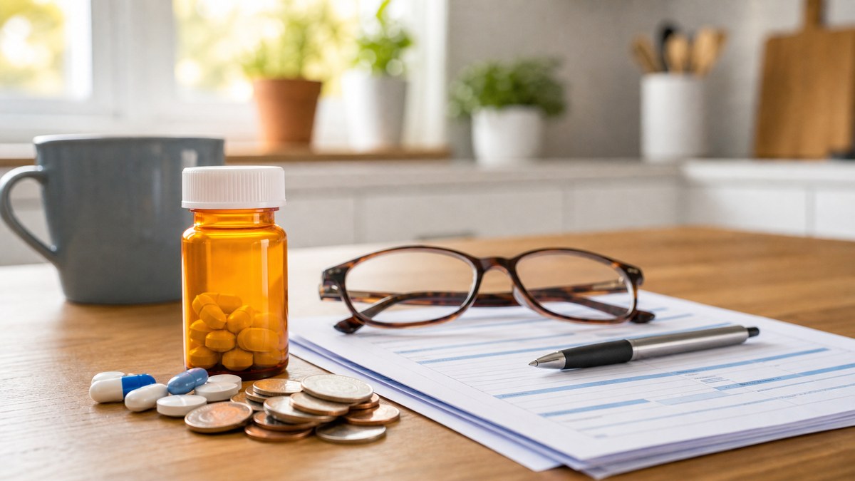 Prescription bottle, pills, coins, and application paperwork on a kitchen table