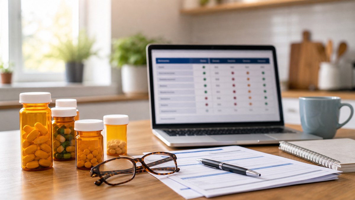 Prescription bottles and a laptop for comparing Medicare Part D plans