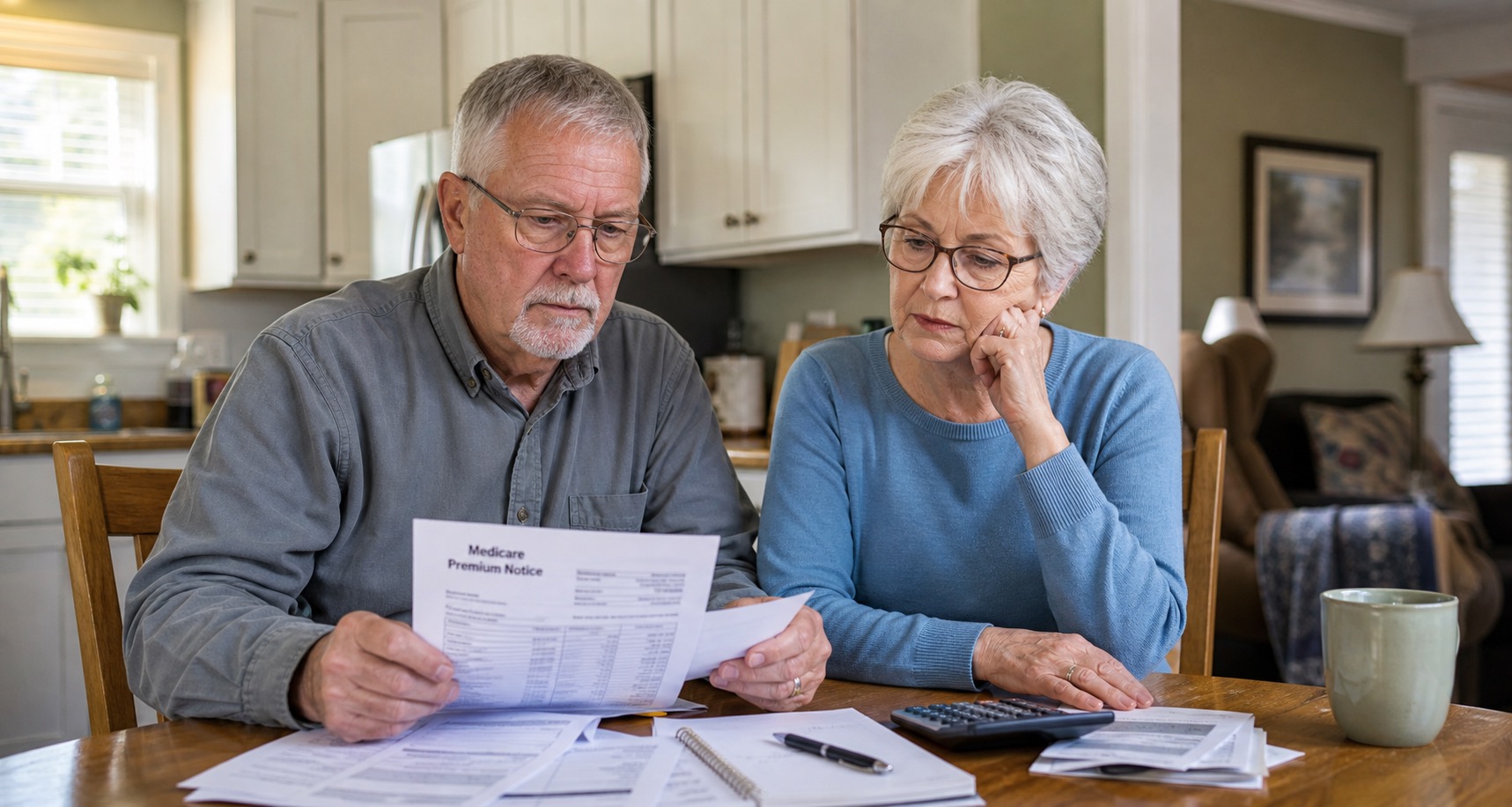 Older Missouri couple reviewing Medicare premium notices and financial paperwork at a kitchen table