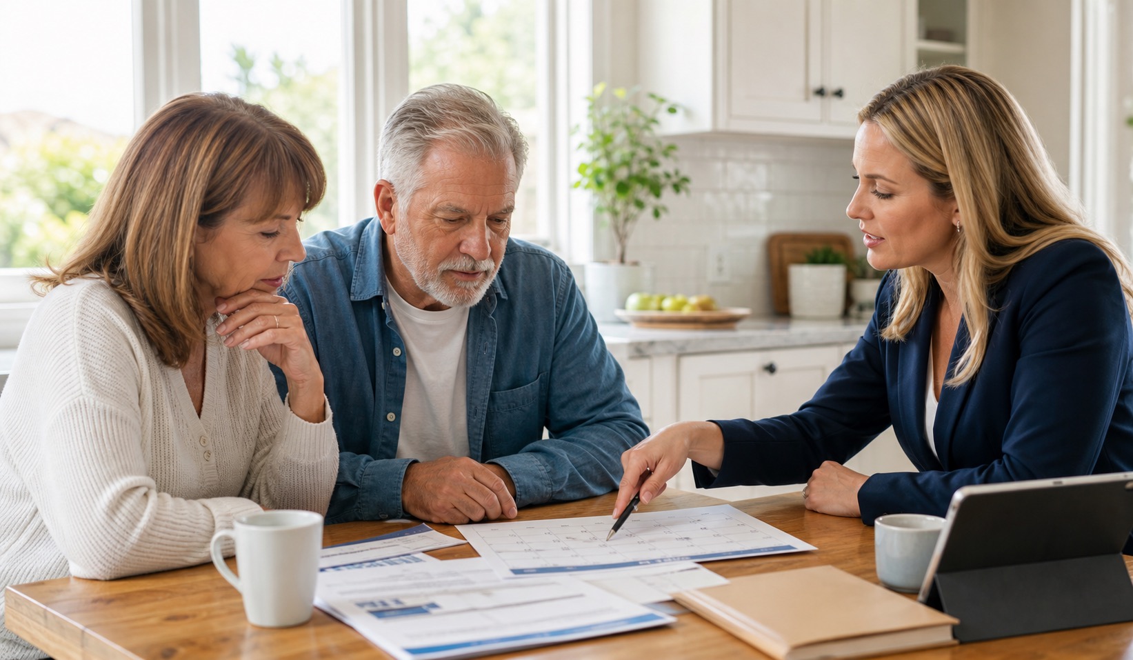 Medicare-age couple reviewing enrollment dates and paperwork with an advisor at a kitchen table