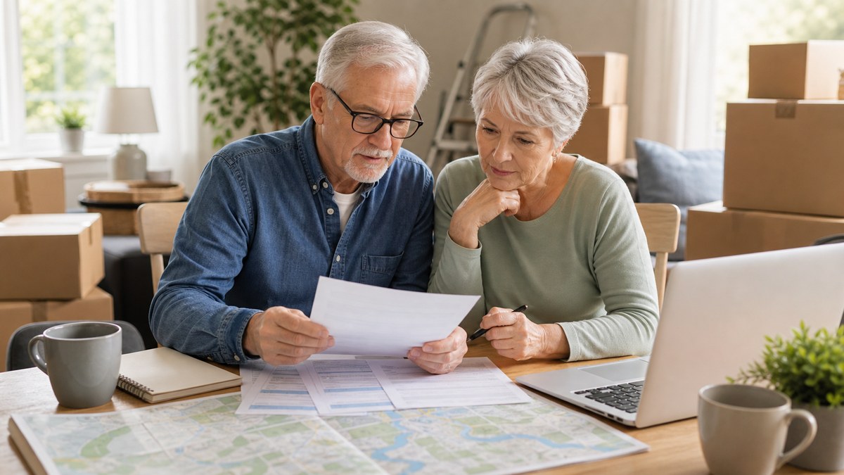 Older couple reviewing Medicare paperwork near moving boxes