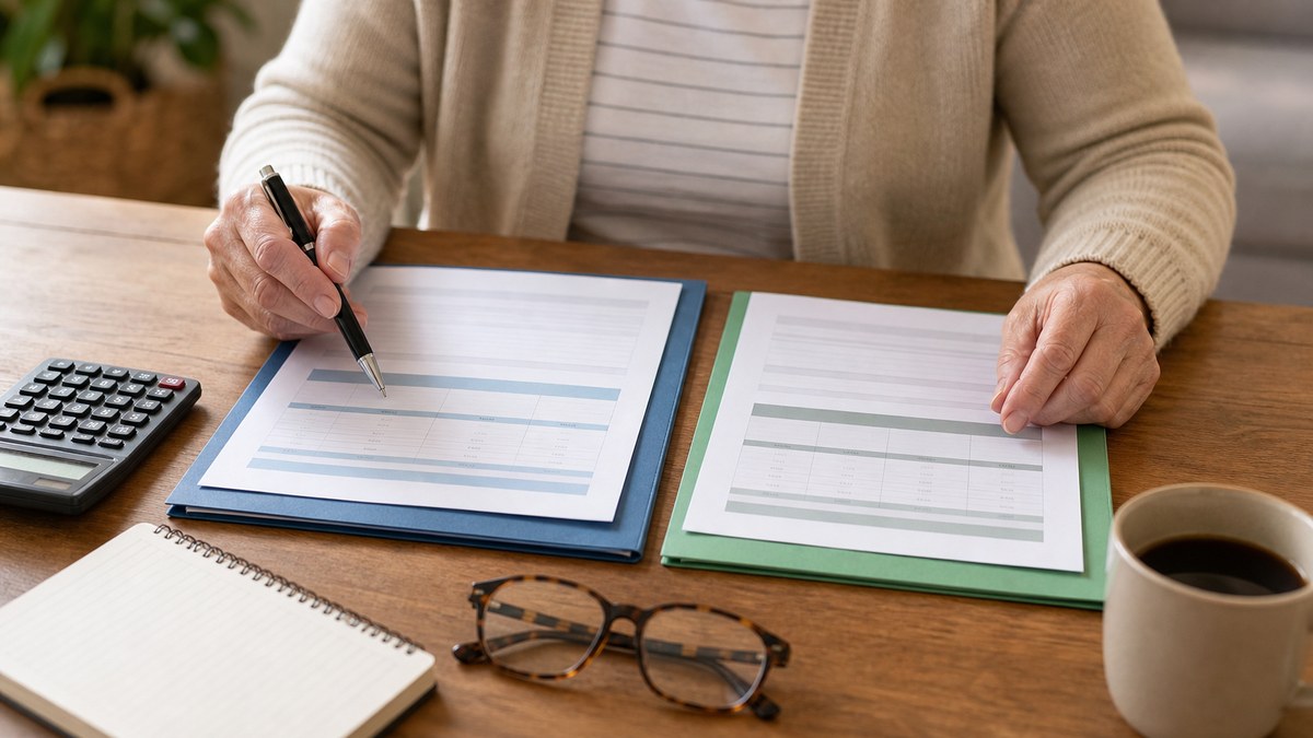 Two folders and health plan paperwork for comparing Medicare Supplement options