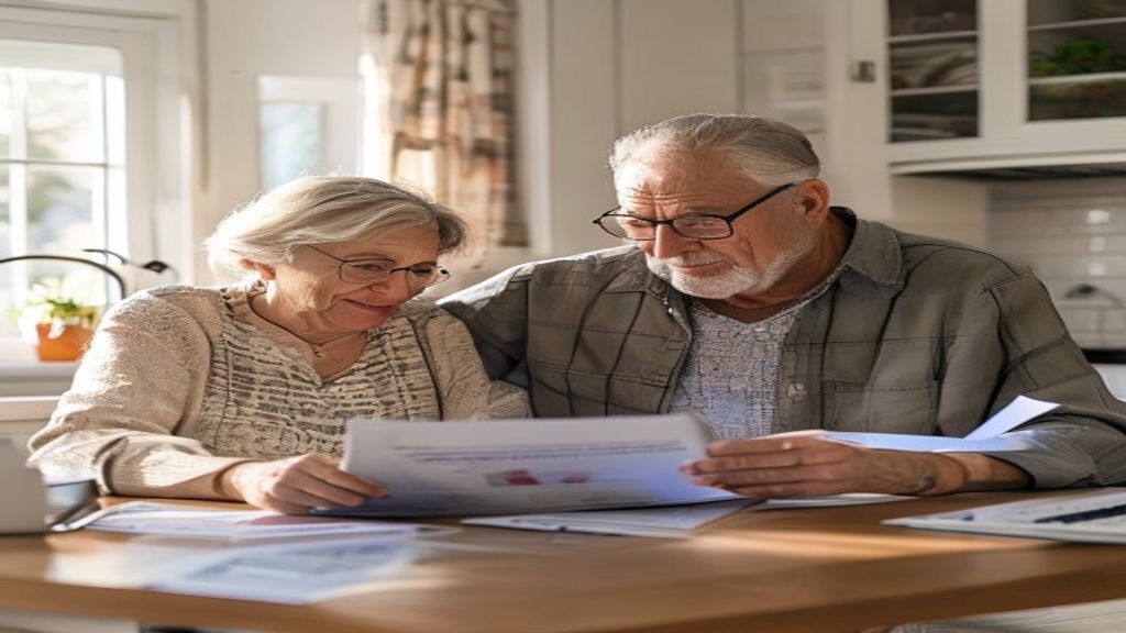 Married couple in their mid-60s reviewing employer health plan paperwork and Medicare information at a kitchen table