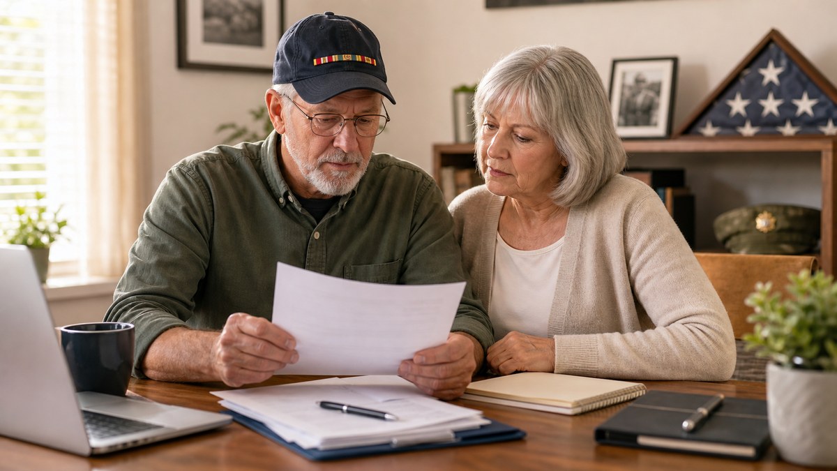 Veteran and spouse reviewing health benefit paperwork at a home office table