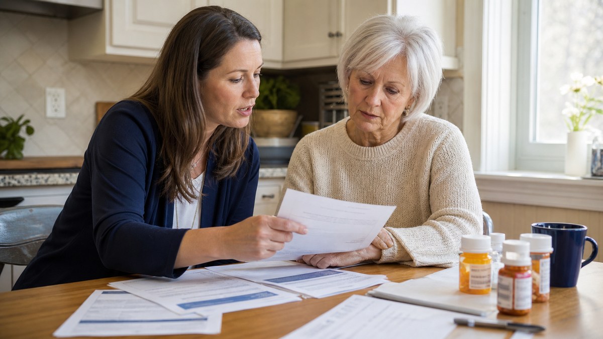 Adult daughter reviewing hospital discharge papers and Medicare documents with an older woman at a kitchen table