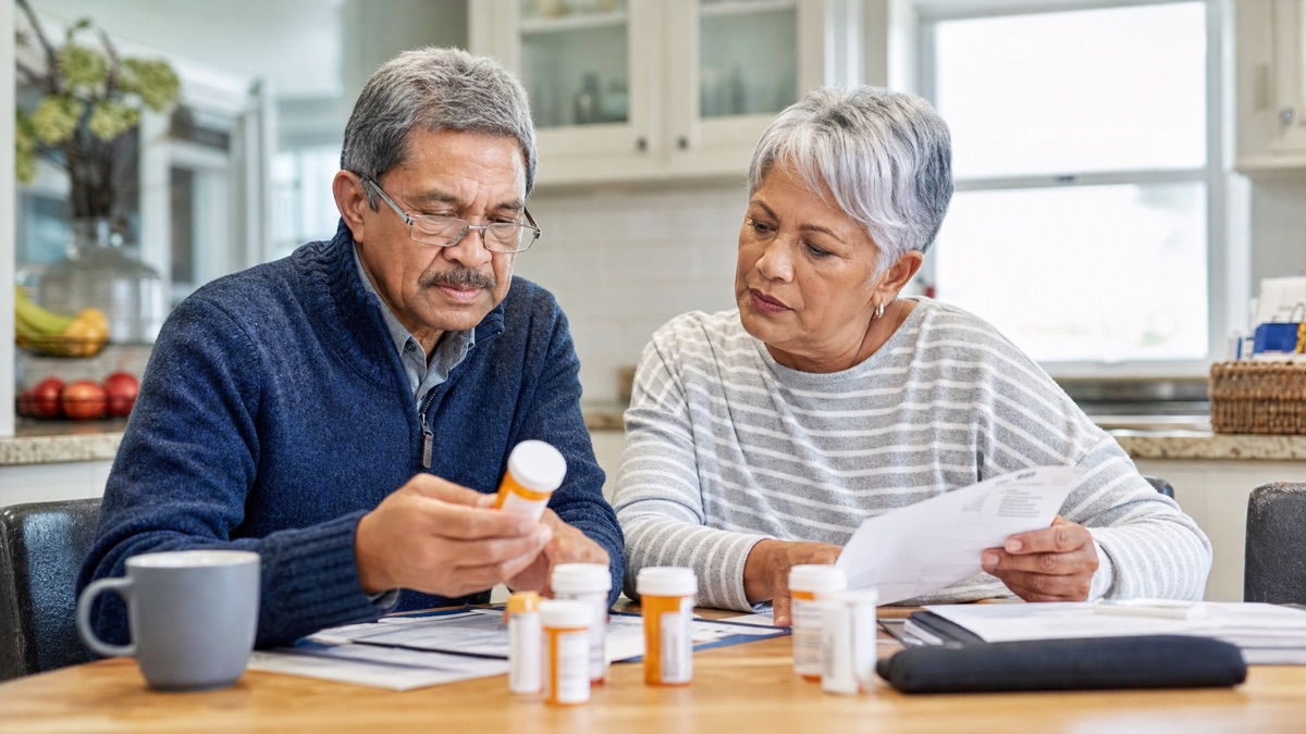 Older couple reviewing Medicare Part D prescription coverage paperwork and pill bottles at a kitchen table