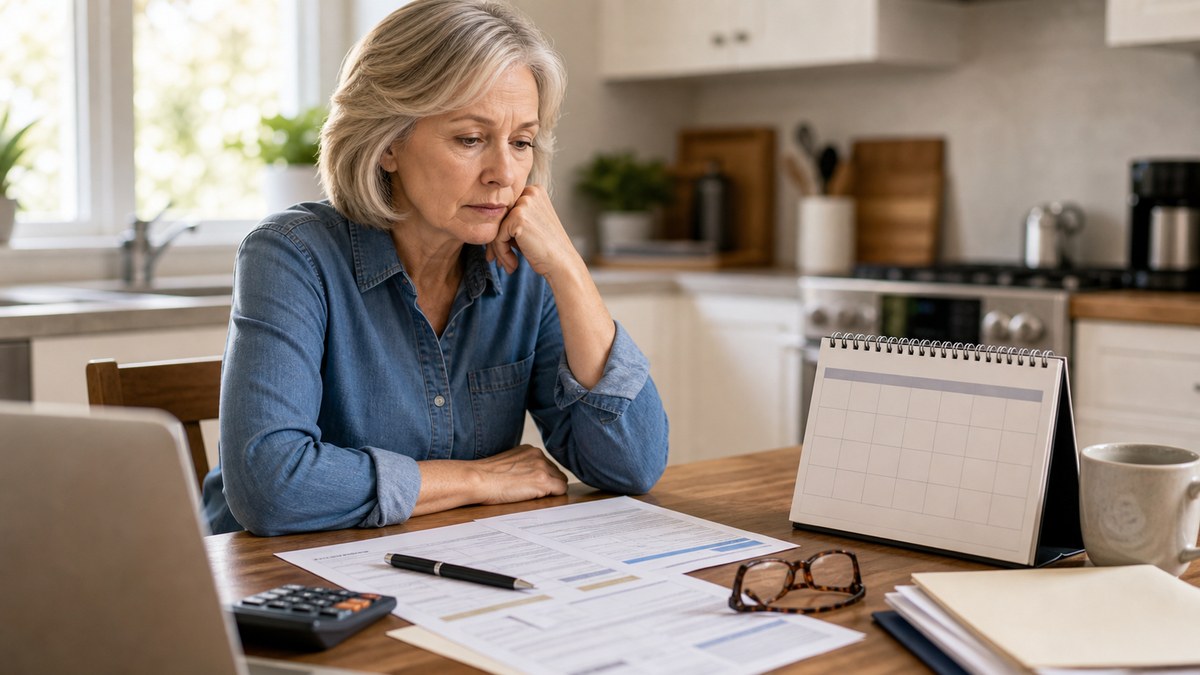 Older adult reviewing a blank calendar and Medicare timing paperwork