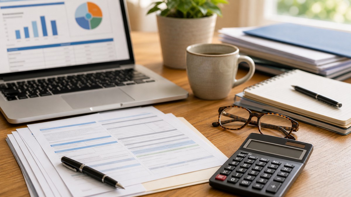 Tax and health premium paperwork with calculator and laptop for IRMAA planning