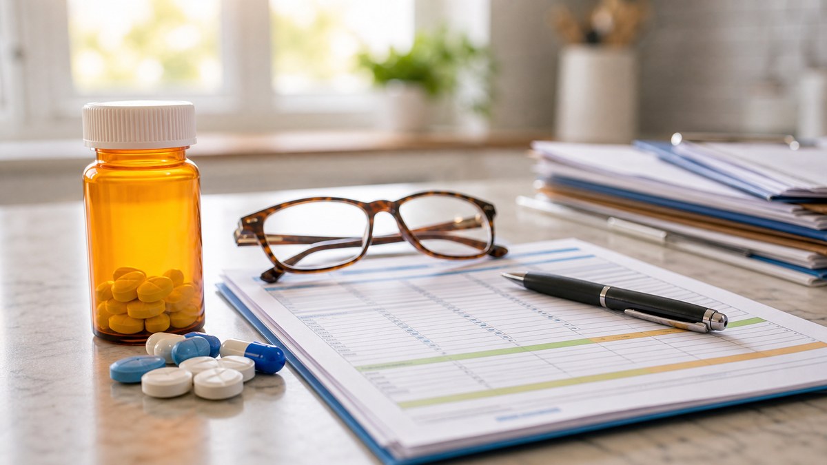 Prescription bottle, pills, and plan paperwork for checking Part D formulary coverage