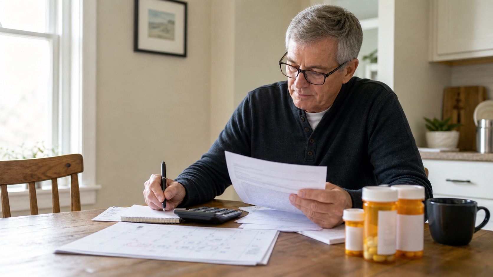 Medicare-age adult reviewing prescription drug coverage paperwork, a calendar, calculator, and medication bottles at a kitchen table