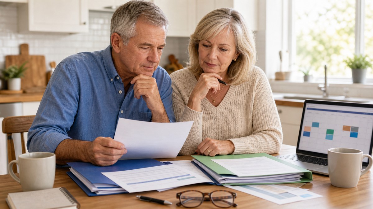 Older couple comparing Medicare Advantage plan paperwork before switching plans